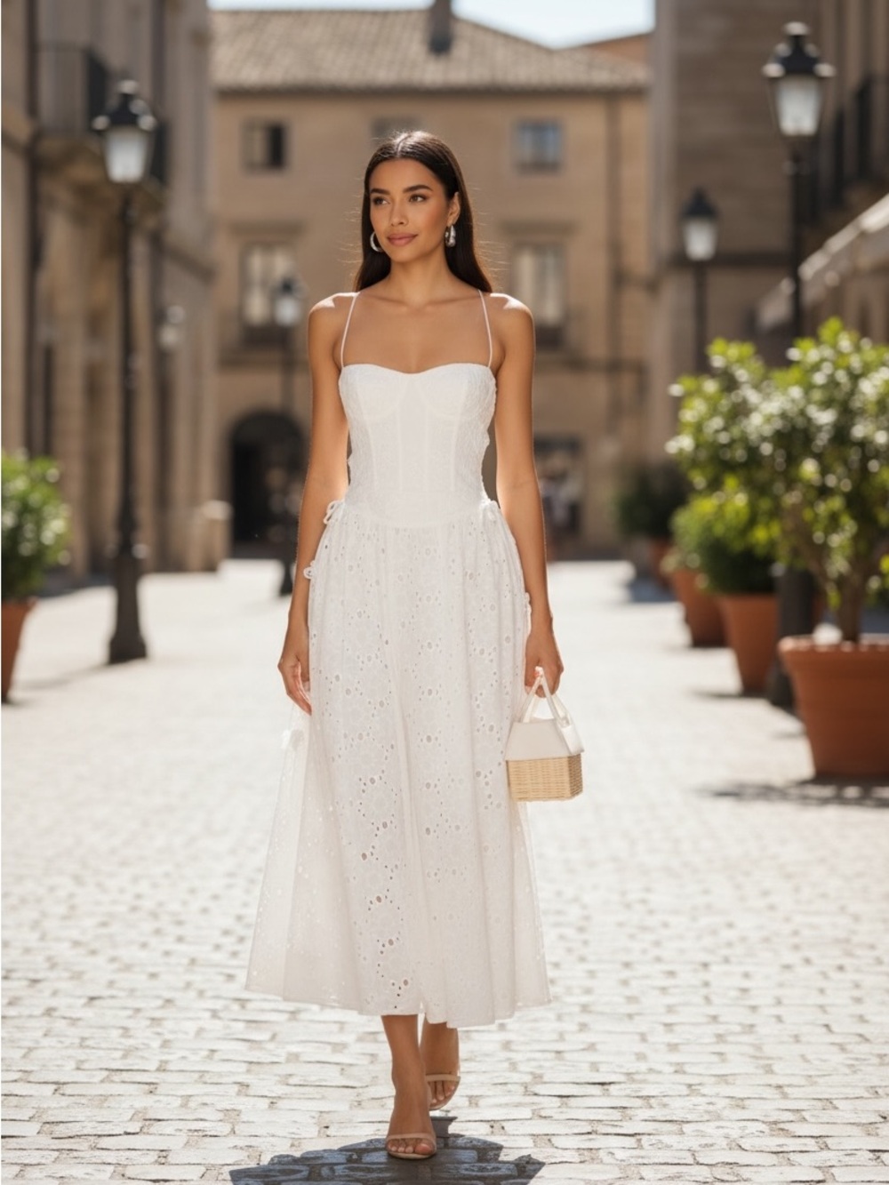 Bardot White Strapless Eyelet Midi Dress